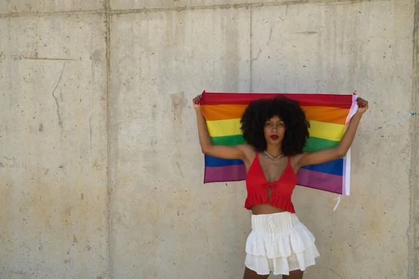 Mladá Krásná Afroameričanka Vztyčující Vlajku Homosexuální Hrdosti Zpoza Hlavy Šedou — Stock fotografie