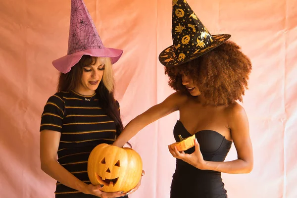 Fiatal Spanyol Latin Nők Boszorkány Kalap Elérve Egy Halloween Tök — Stock Fotó