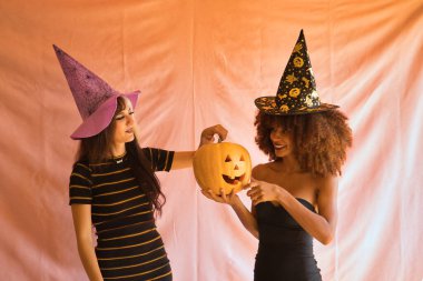 Cadı şapkalı genç İspanyol ve Latin kadınlar pembe arka planda bir Cadılar Bayramı balkabağını ortaya çıkarıyorlar..