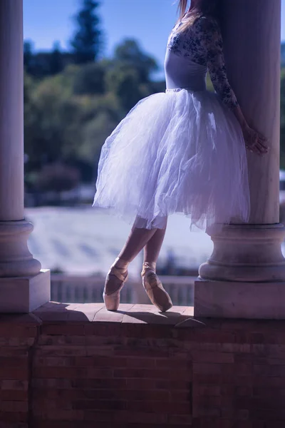 Detail Feet Classical Ballet Slippers Woman White Tutu Illuminated Ray — Stock Photo, Image