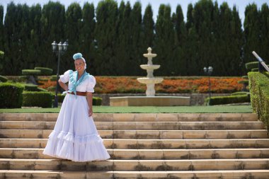 Genç, güzel, sarışın kadın tipik Endülüs flamenko kostümlü açık mavi şallı ve çiçekli hac için merdivenlerde poz veriyor. Konsept bölgesel kostümler, tipik, İspanyolca.
