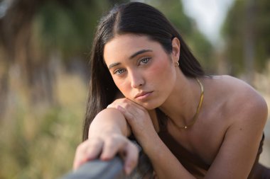 Genç, güzel, koyu saçlı, mavi gözlü, kahverengi şifon elbise giyen, tatlı ve narin bakışlı, yüzü kolunda dinlenen ve metal bir korkuluğa dayanan İspanyol kadının portresi..