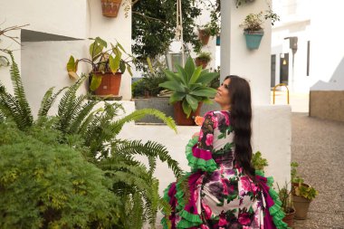 Genç, güzel, esmer, flamenko dansçısı, güzel elbisesini gösteren, arkası dönük bir sandalyede oturan, güzel ve tipik Endülüs avlusunda bir kuyunun yanında.