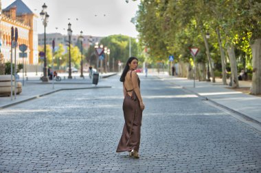 Genç bir kadın, güzel, esmer, mavi gözlü, İspanyol, zarif kahverengi bir şifon elbise ve altın topuklu ayakkabı giyiyor, kentteki kaldırımlı bir sokakta yürüyor. Konsept: model, güzellik, moda.