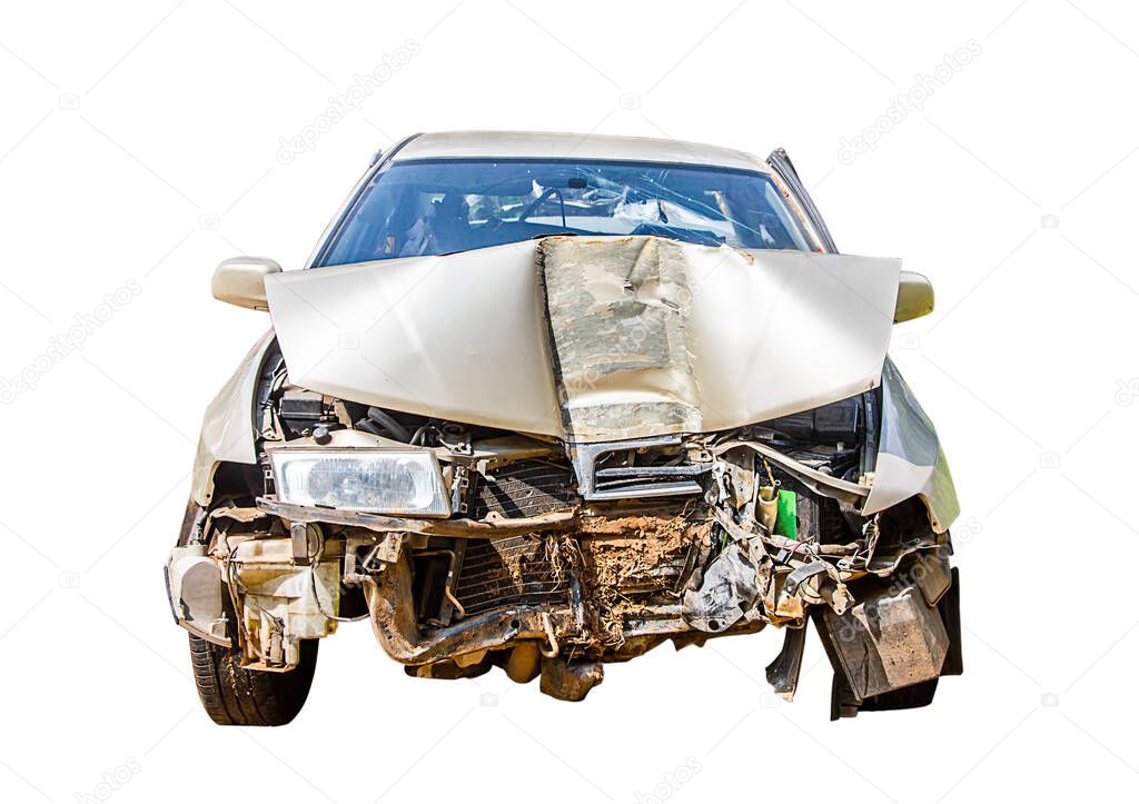 car destroyed isolated on white background,car crash by accident ,insurance concept