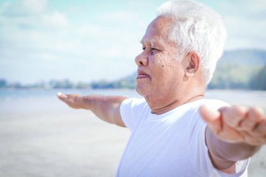 Sağlıklı yaşlı erkekler deniz kenarında dinlenir..