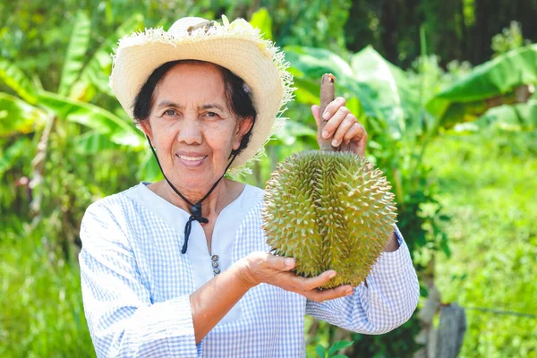 Asijské Ženy Starší Farmáři Nosí Klobouky Držení Durian Ovoce — Stock fotografie