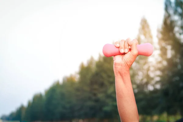 Anziani Sollevamento Manubri Rosa Esercizio Nel Parco — Foto Stock