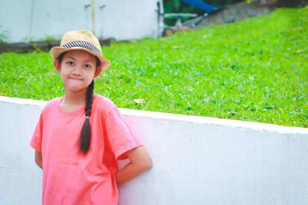 Little Girl Wears Hat Braids Pigtails Outdoor Stands Visit Amusement — Stock Photo, Image