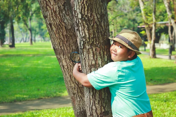 Chłopcy Uczący Się Szkołach Podstawowych Kapeluszach Przytulający Drzewa Kochają Środowisko — Zdjęcie stockowe