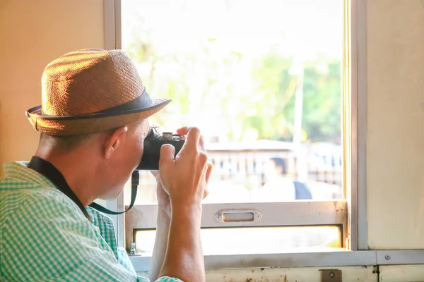 Asian Tourists Wear Green Hats Sit Train Hold Camera Take — Stock Photo, Image