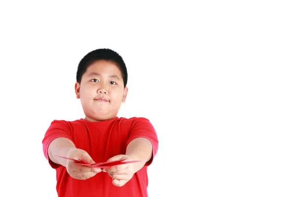 Chico Gordo Asiático Sonriendo Brillantemente Usa Una Camisa Roja Repartiendo — Foto de Stock