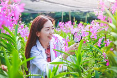 Güzel araştırmacılar çiçekleri görmek ve araştırmaya bilgi getirmek için bir büyüteç tutuyorlar..