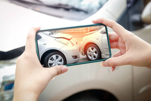 Woman Holds Smartphone Take Pictures Area Car Crash Accident — Stock Photo, Image