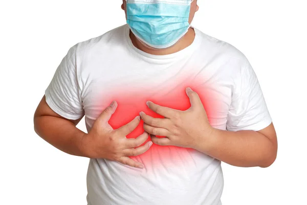 戴口罩的胖子 把你的手放在有呼吸困难的胸前有患上糖尿病 高血压病 高脂血症和高血压病的危险 — 图库照片