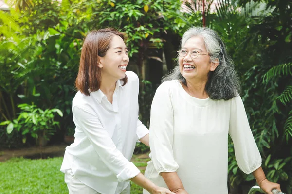 Asian Elderly Woman Doing Physical Therapy Daughter Help Support Walking — Stock Photo, Image