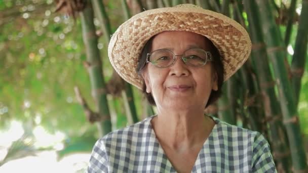 Ασιάτισσα Ηλικιωμένη Γυναίκα Καπέλο Και Γυαλιά Χαμογελάστε Και Απολαύστε Ζωή — Αρχείο Βίντεο