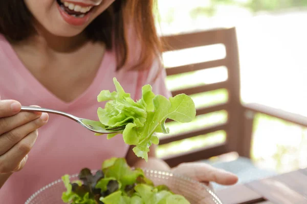 아시아 여성들은 좋아한다 건강에 식사를 유기농 샐러드 야채를 섭취하 사람들의 — 스톡 사진