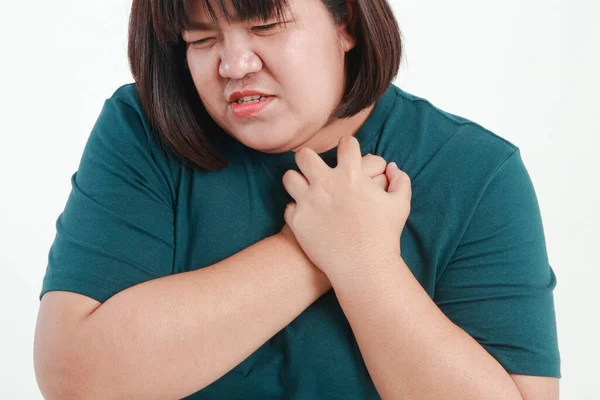 Ázsiai Kövér Van Egy Nagy Súly Van Fájdalom Területen Szív — Stock Fotó