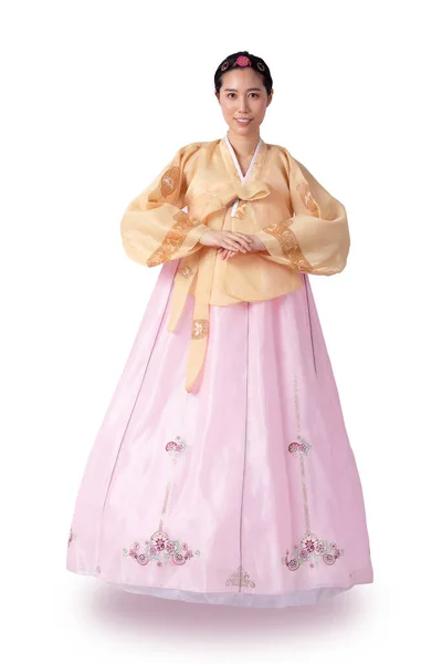 Mulher Asiática Bonita Vestindo Hanbok Brilhantemente Colorido Sobre Fundo Branco — Fotografia de Stock
