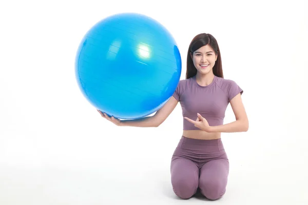 Healthy Beautiful Asian Woman Put Exercise Clothes Play Yoga Ball — Stock Photo, Image