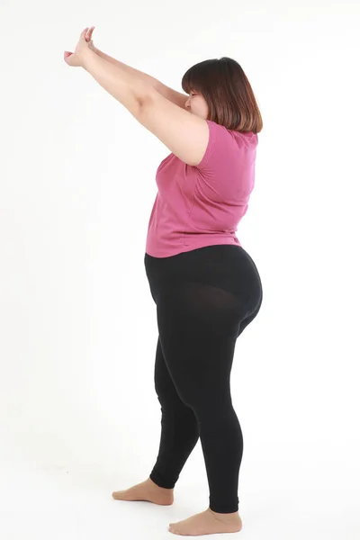 Asian Fat Woman Wear Exercise Clothes Stretch Your Arms Stand — Stock Photo, Image