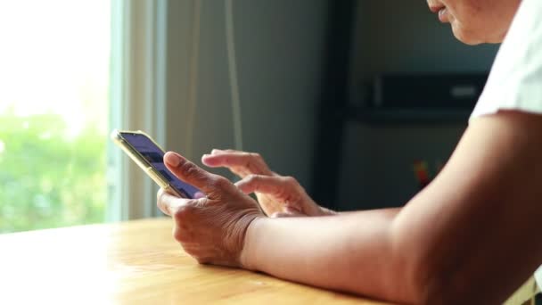 Las Mujeres Mayores Asiáticas Viven Casa Sosteniendo Teléfono Inteligente Para — Vídeo de stock