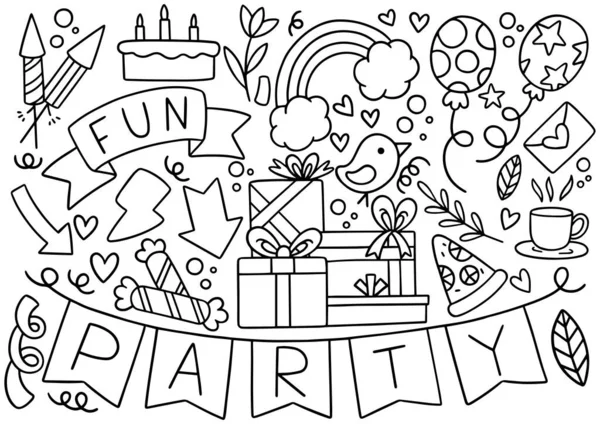 0117 Partido Dibujado Mano Garabato Feliz Cumpleaños — Vector de stock