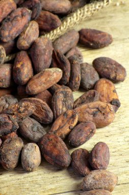 Tahta bir masada kakao çekirdeği.