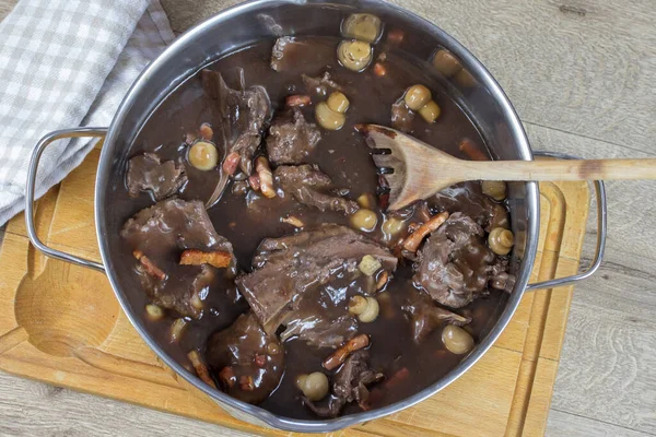 Bourguignon Carne Vaca Uma Panela Aço — Fotografia de Stock