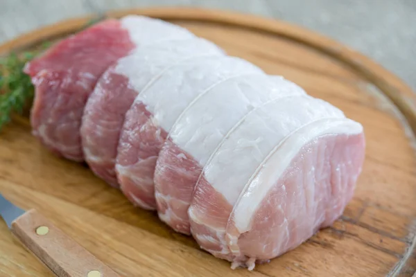 Carne Porco Crua Tábua Madeira — Fotografia de Stock