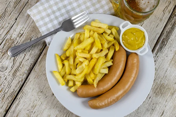 Sausages French Fries Mustard White Plate — Stock Photo, Image