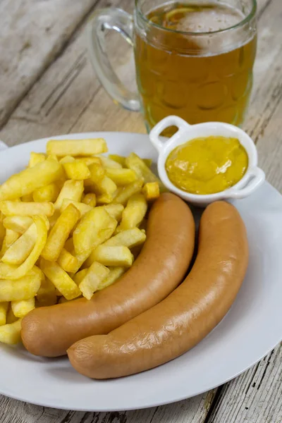 Sausages French Fries Mustard White Plate — Stock Photo, Image