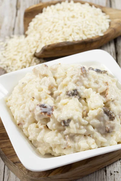 Risotto Con Pollo Colmenillas Bol Blanco —  Fotos de Stock