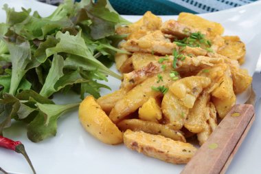 Kızarmış patates ve tavuklu salata.