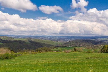 Güneşli bir günde yeşil tarlalı kırsal alan, Lozre, Fransa 'da kır manzarası