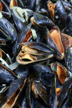 Mariniere 'de pişirilmiş midyeler.