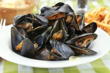 Mariniere 'de pişirilmiş midyeler.