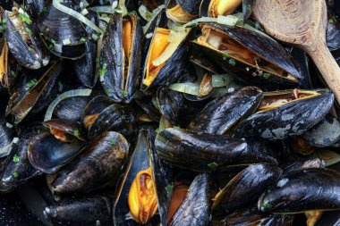 Mariniere 'de pişirilmiş midyeler.