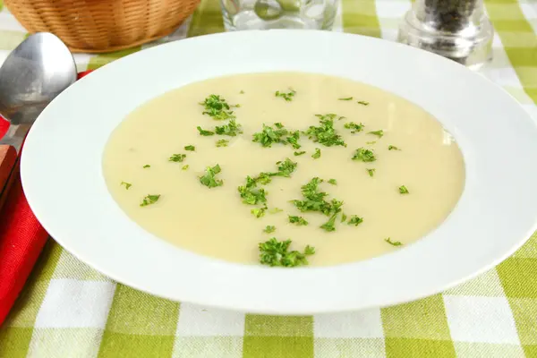 Bowl of vegetable soup on a table. — Stock Image Bowl Vegetable Soup Table Stock Image