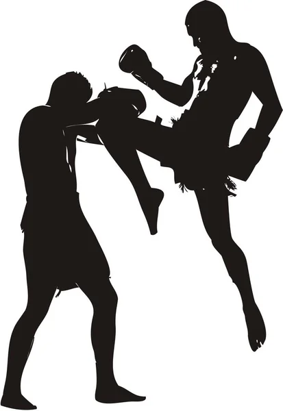 Illustrazione Vettoriale Due Kickboxer Che Combattono Sagome Nere — Vettoriale Stock