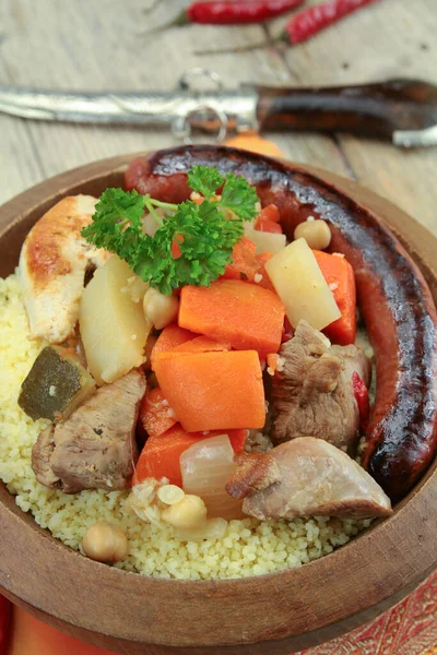 Ciotola Couscous Reale Con Agnello Pollo Merguez — Foto Stock