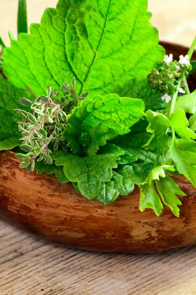 Hierbas Verdes Frescas Tazón Sobre Fondo Madera — Foto de Stock