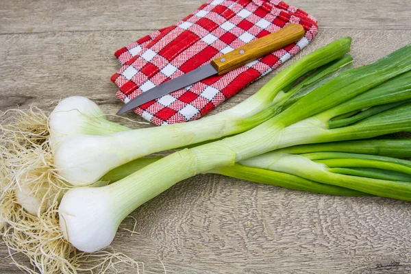 Cebollas Verdes Frescas Sobre Fondo Madera — Foto de Stock