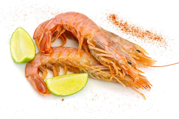 Boiled Shrimps Lime White Background — Stock Photo, Image