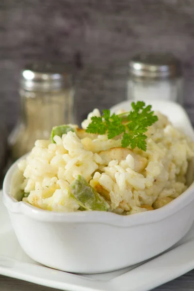 Risotto Chicken Herbs White Plate — Stock Photo, Image