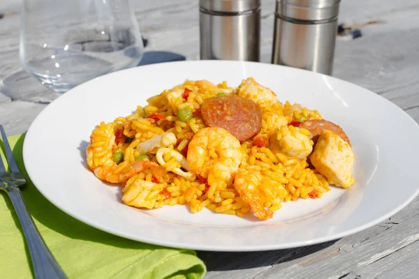 paella plate with chicken and seafood