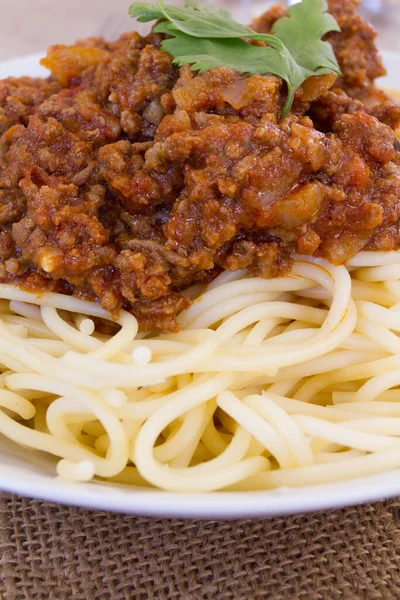 Espaguetis Boloñés Con Salsa Tomate —  Fotos de Stock