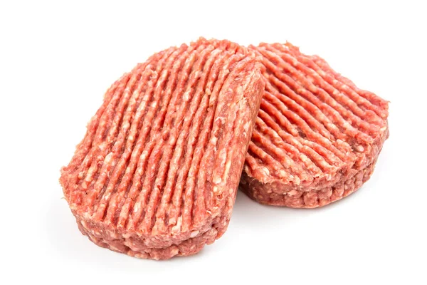 Hamburger Crudi Manzo Isolati Fondo Bianco Carne Macinata — Foto Stock