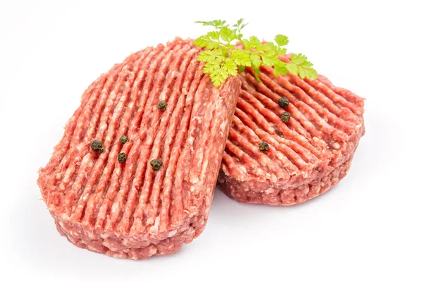 Hamburger Crudi Manzo Isolati Fondo Bianco Carne Macinata — Foto Stock